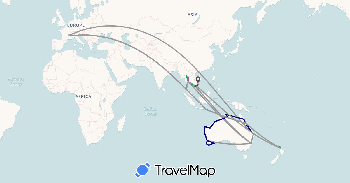 TravelMap itinerary: driving, bus, plane, train, boat, motorbike in Australia, France, Indonesia, Cambodia, New Zealand, Thailand, Vietnam (Asia, Europe, Oceania)